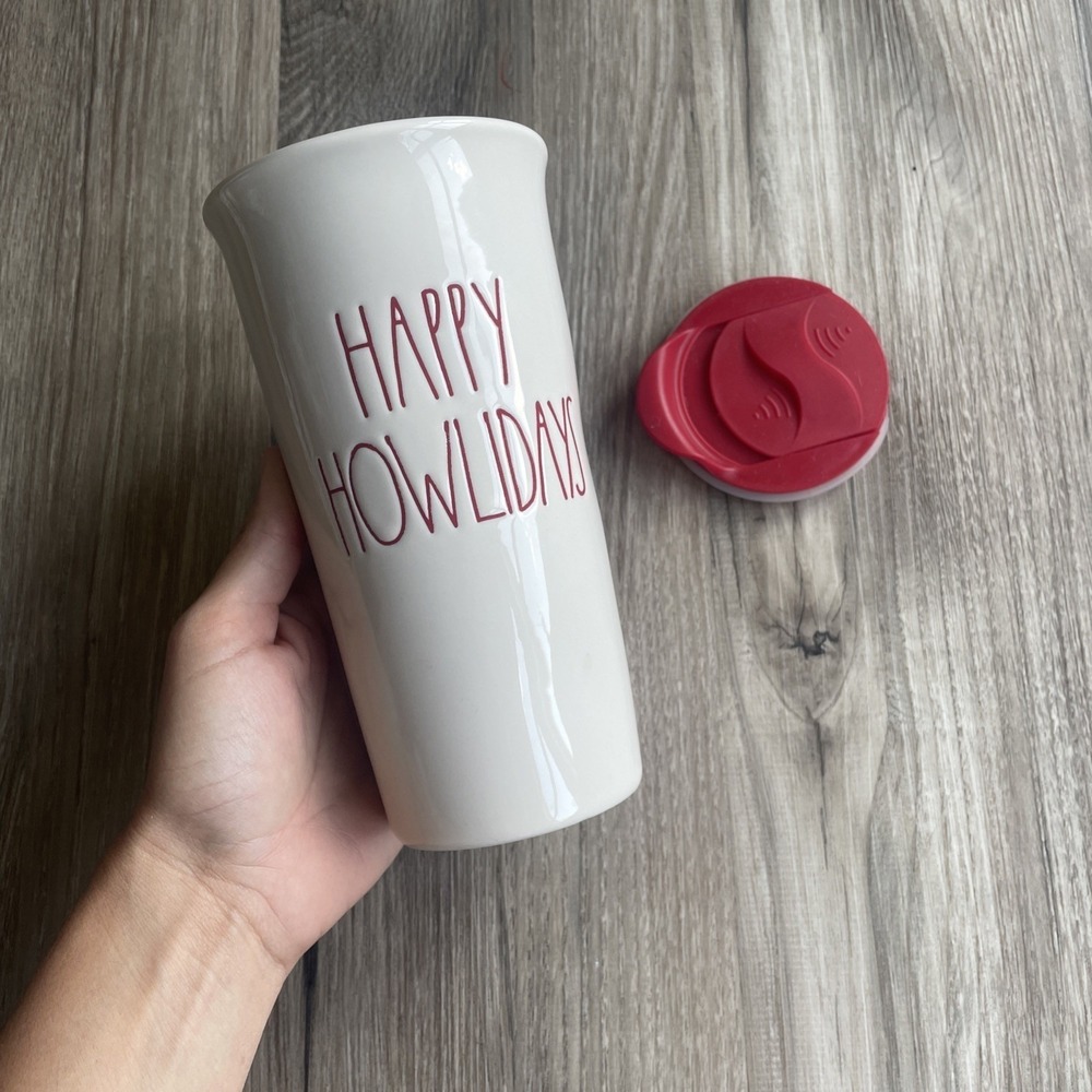 Rae Dunn Magenta Happy Howlidays Christmas Tumbler Mug Ceramic Red w/lid Dog